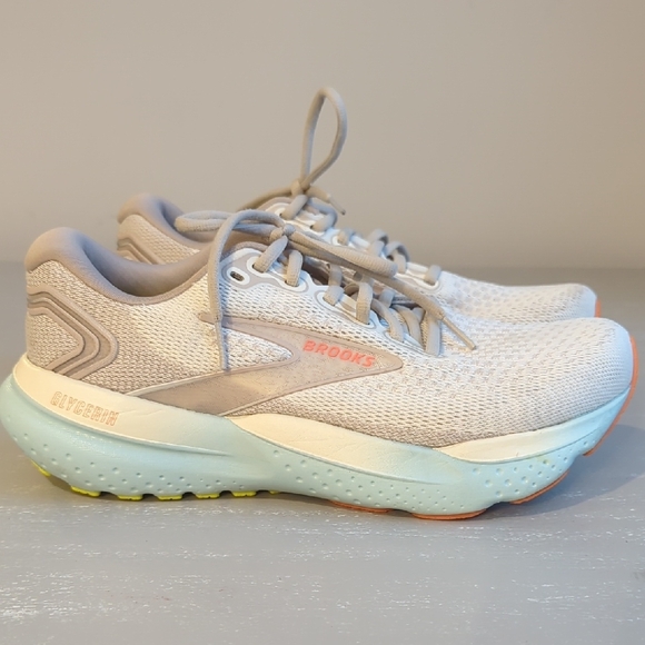 Women's Brooks Glycerin 21 Wide Coconut/Aqua/Autumn Sunset size 9.5 - Picture 2 of 9